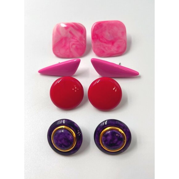4 Items Earrings Pierced Square Triangle Circle Pink Red Purple Gold Black - Picture 1 of 6